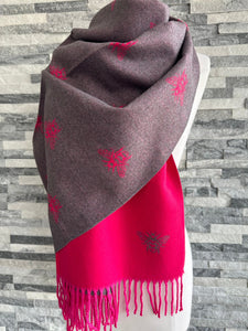 lusciousscarves Reversible Hot Pink and Grey Bees Scarf , Cashmere Blend