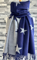 Load image into Gallery viewer, lusciousscarves Reversible Navy and Grey Stars Scarf/Shawl Cashmere Blend
