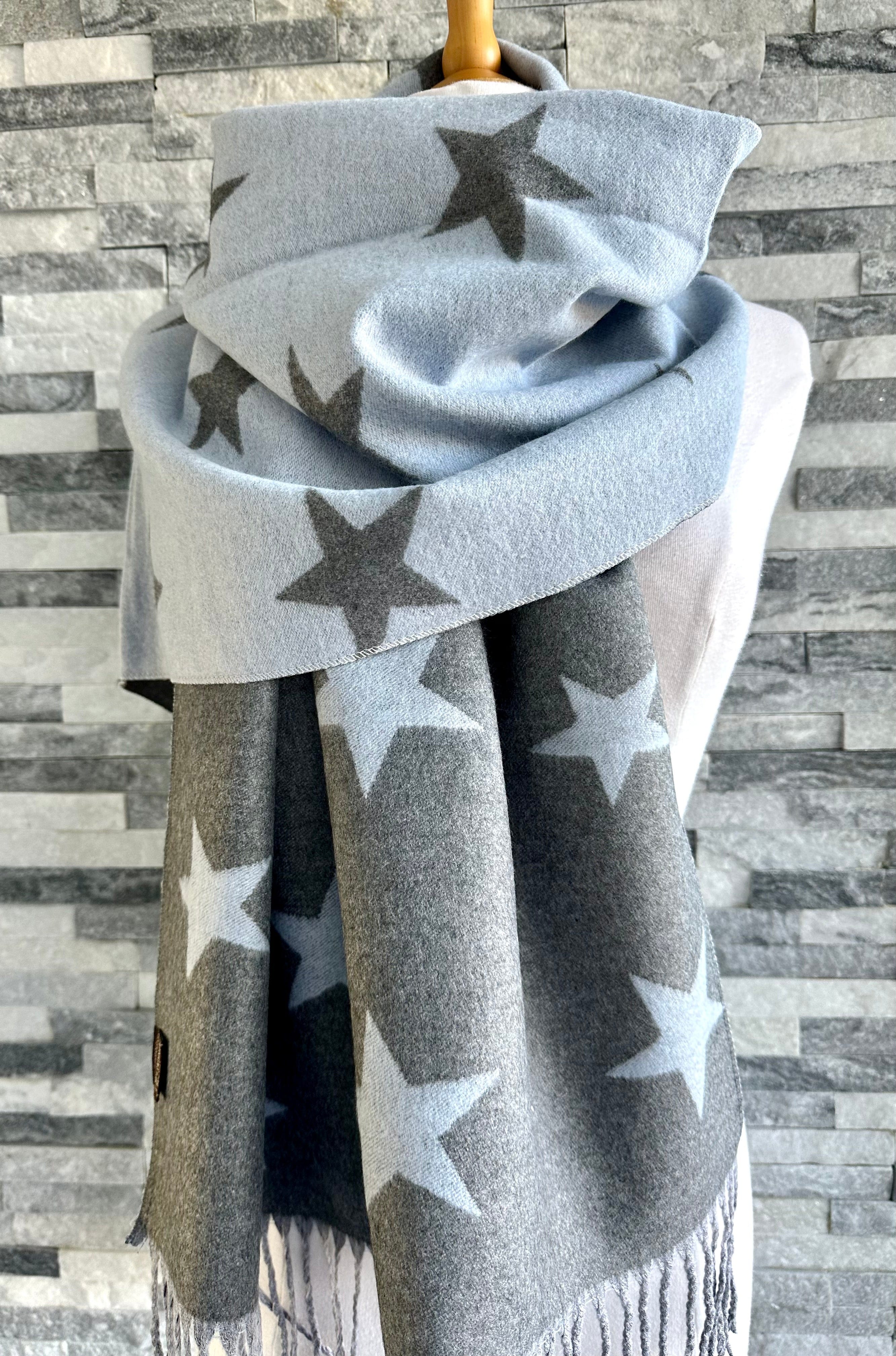 lusciousscarves Reversible Pale Blue and Grey Stars Scarf/Shawl Cashmere Blend