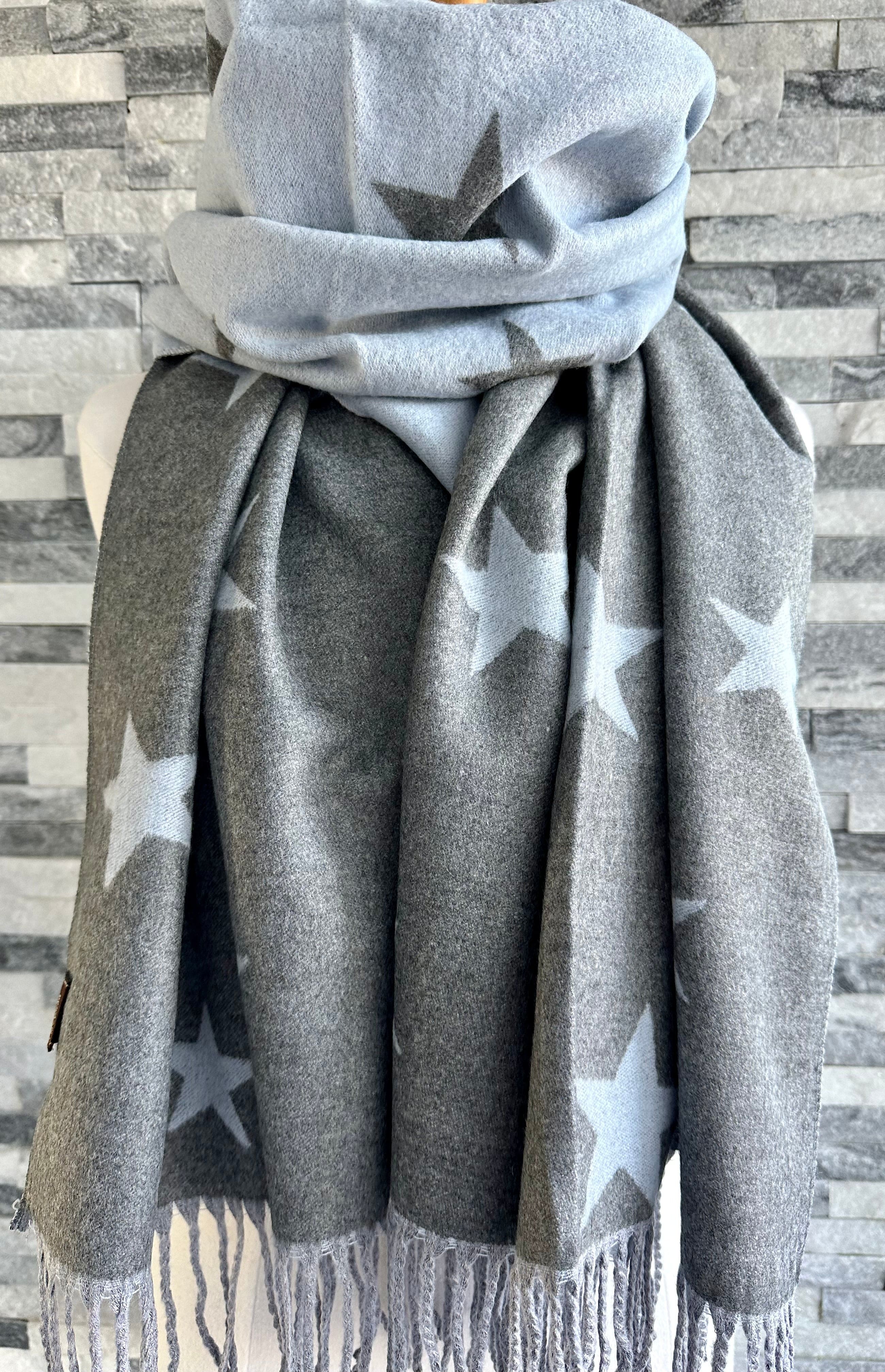 lusciousscarves Reversible Pale Blue and Grey Stars Scarf/Shawl Cashmere Blend