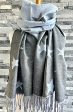 Load image into Gallery viewer, lusciousscarves Reversible Pale Blue and Grey Stars Scarf/Shawl Cashmere Blend
