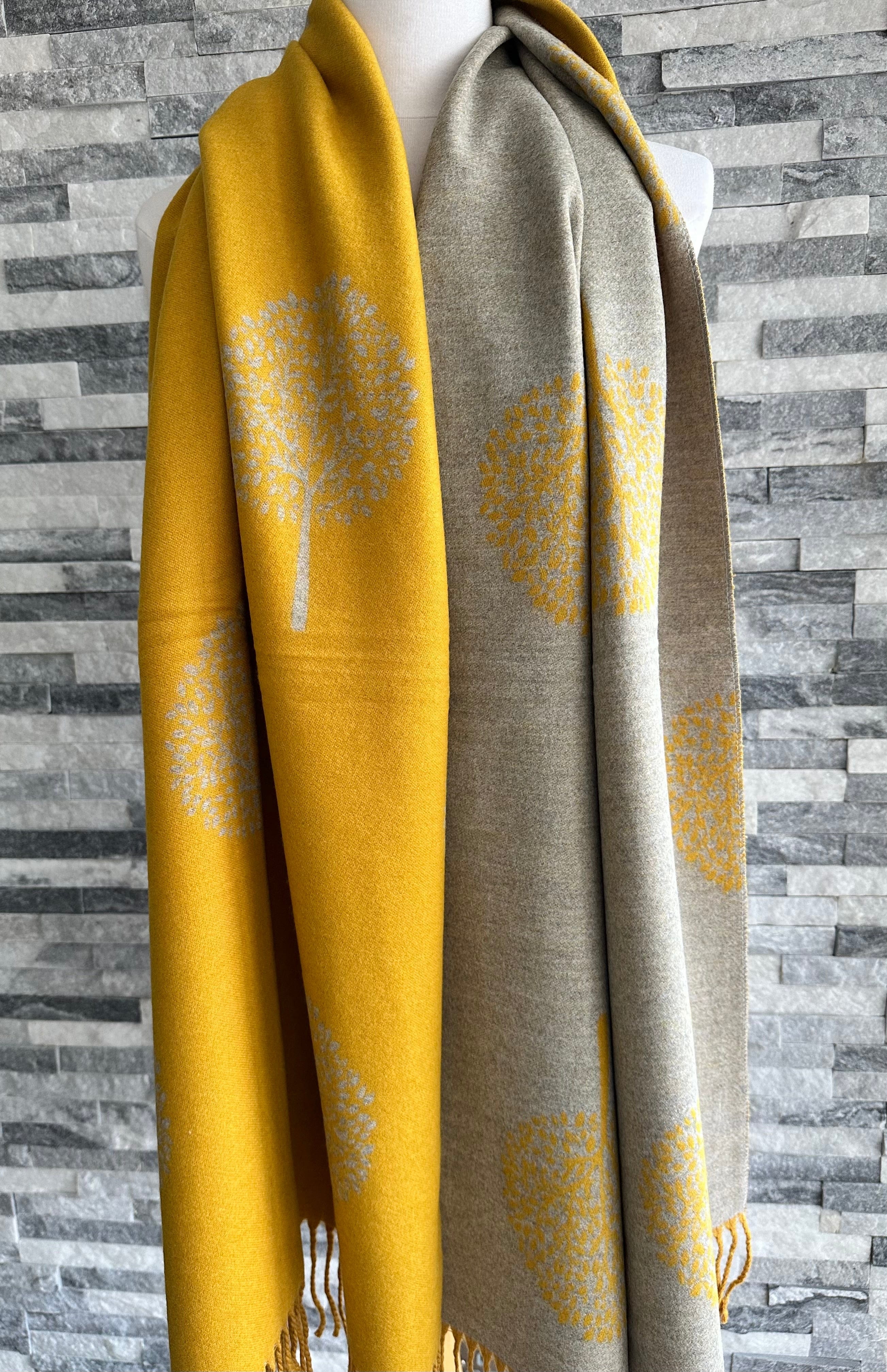 lusciousscarves Reversible Pale Mustard and Grey Mulberry Tree Scarf / Wrap Cashmere Blend