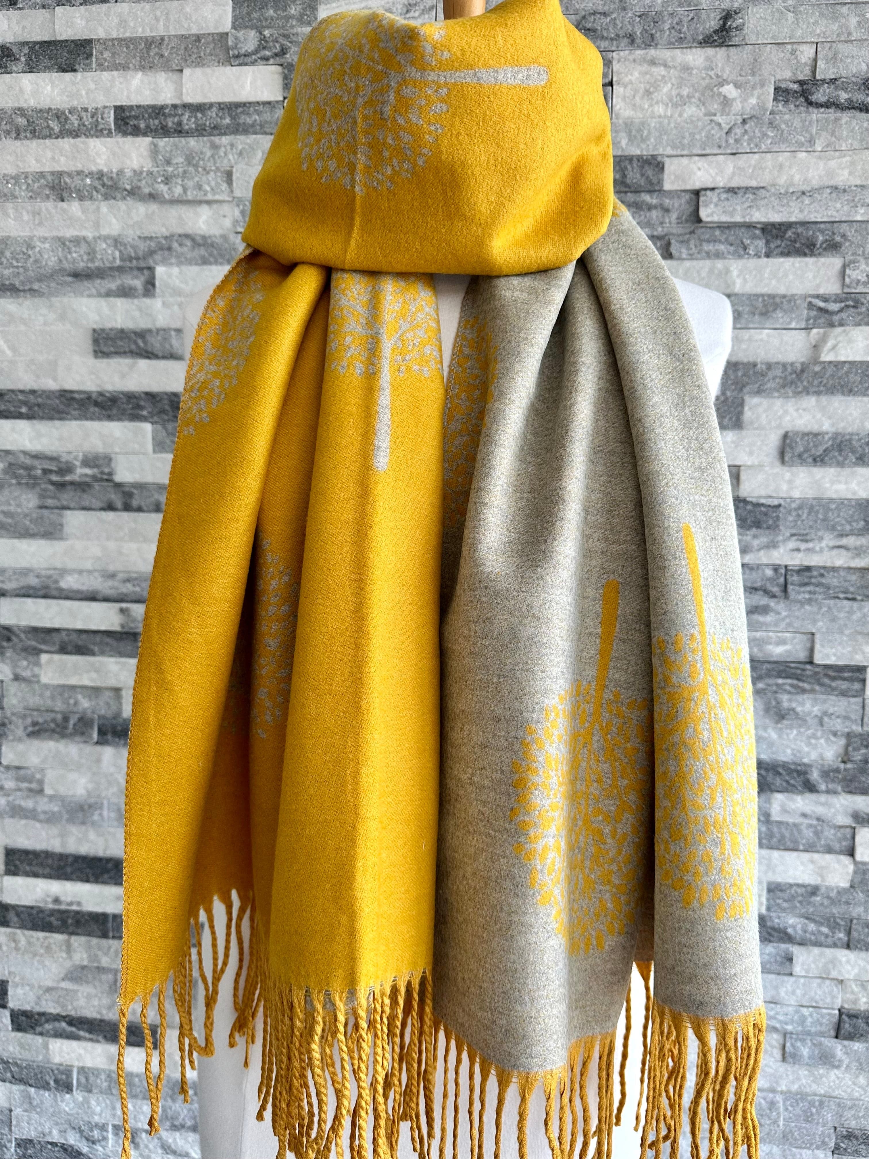 lusciousscarves Reversible Pale Mustard and Grey Mulberry Tree Scarf / Wrap Cashmere Blend