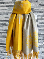 Load image into Gallery viewer, lusciousscarves Reversible Pale Mustard and Grey Mulberry Tree Scarf / Wrap Cashmere Blend
