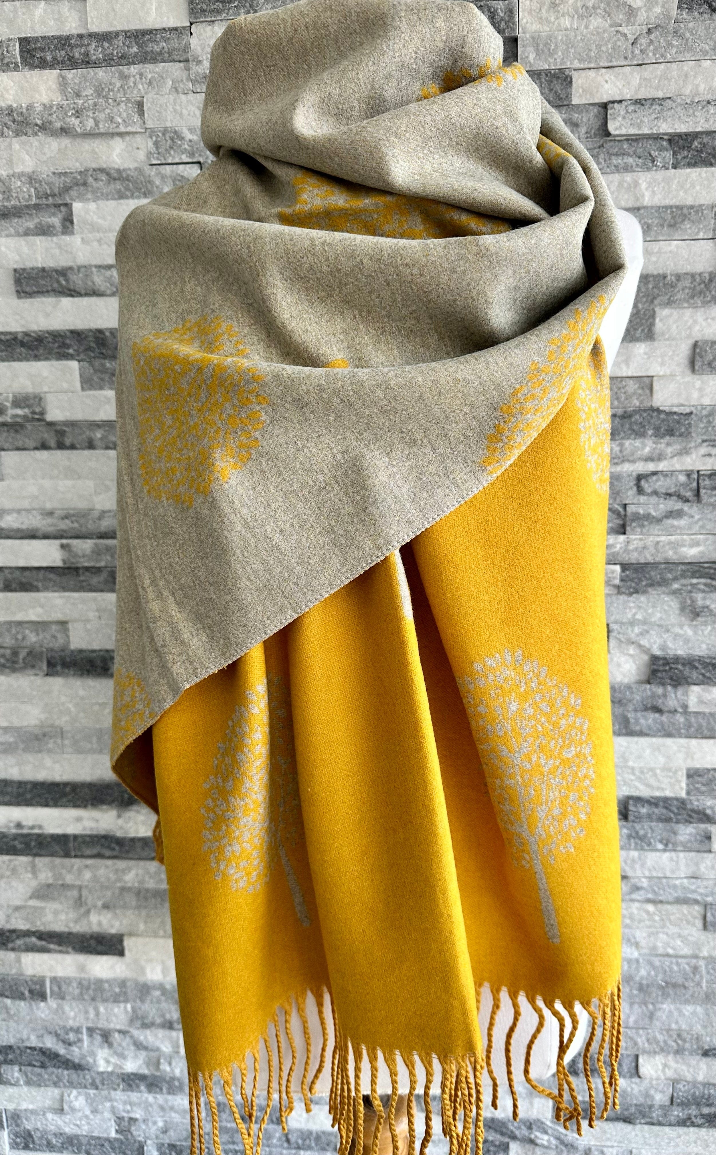 lusciousscarves Reversible Pale Mustard and Grey Mulberry Tree Scarf / Wrap Cashmere Blend