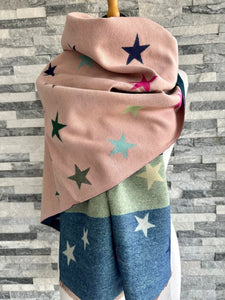 lusciousscarves Reversible Pink and Stripes Scarf with Multi Coloured Stars, Cashmere Blend .