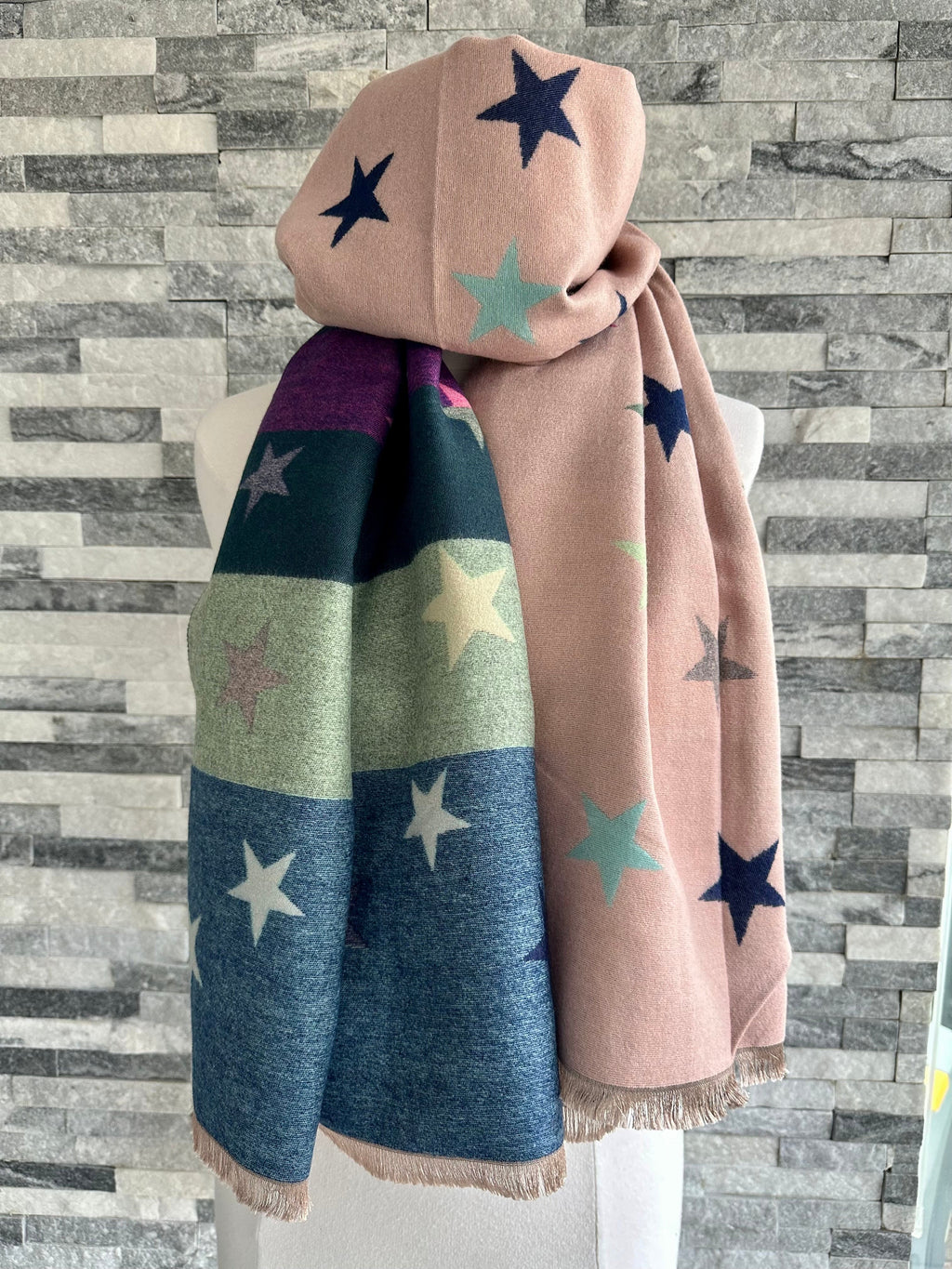 lusciousscarves Reversible Pink and Stripes Scarf with Multi Coloured Stars, Cashmere Blend .