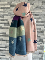 Load image into Gallery viewer, lusciousscarves Reversible Pink and Stripes Scarf with Multi Coloured Stars, Cashmere Blend .
