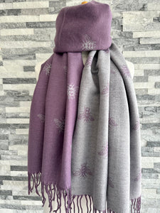 lusciousscarves Reversible Purple and Grey Bees Scarf / Wrap, Cashmere Blend