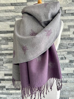 Load image into Gallery viewer, lusciousscarves Reversible Purple and Grey Bees Scarf / Wrap, Cashmere Blend
