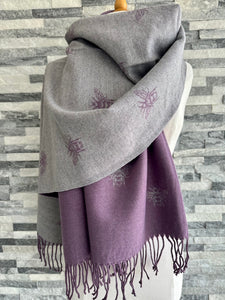 lusciousscarves Reversible Purple and Grey Bees Scarf / Wrap, Cashmere Blend