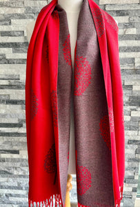 lusciousscarves Reversible Red and Grey Mulberry Tree Scarf / Wrap Cashmere blend