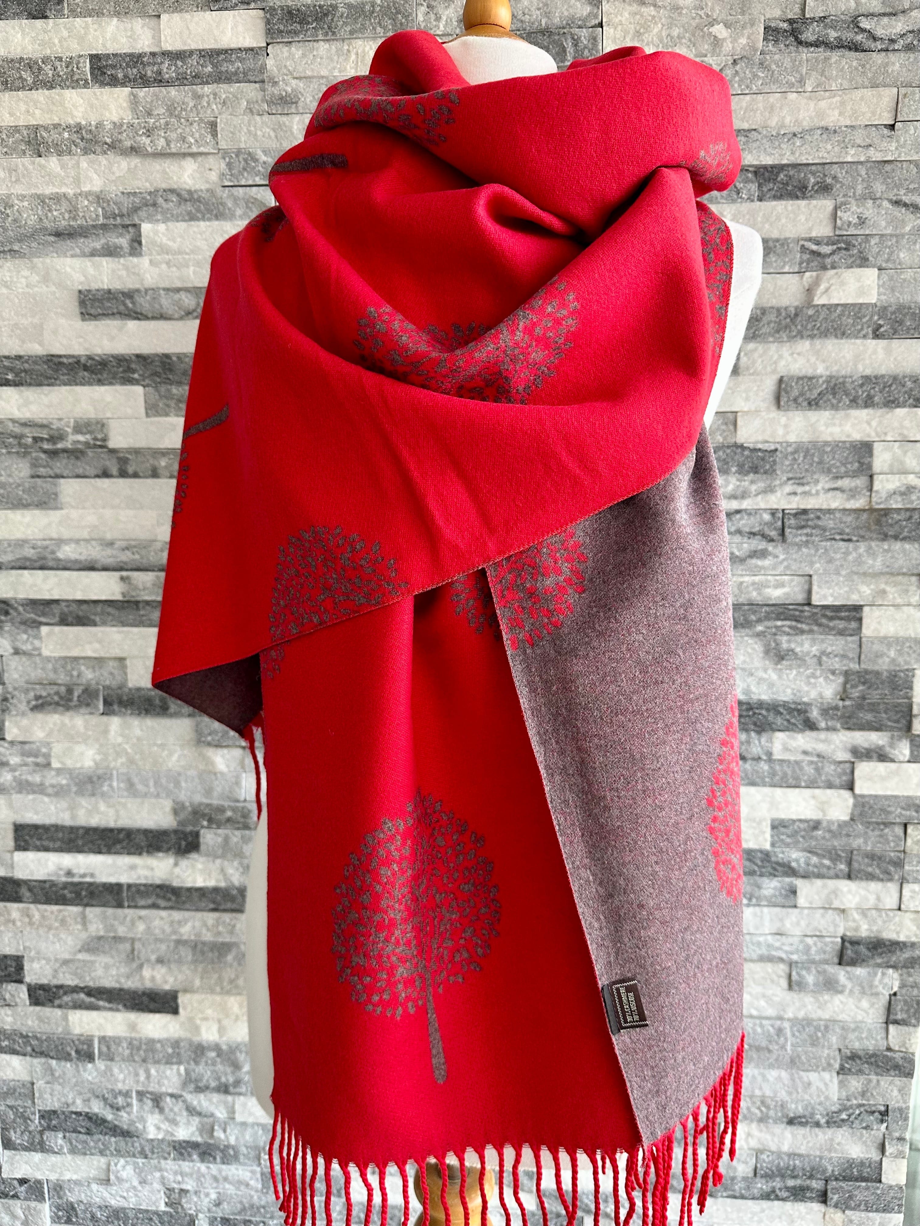 lusciousscarves Reversible Red and Grey Mulberry Tree Scarf / Wrap Cashmere blend