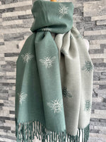 Load image into Gallery viewer, lusciousscarves Reversible Sage Green and Grey Bees Scarf / Wrap Cashmere Blend
