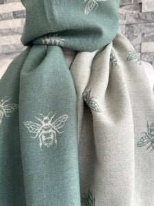 lusciousscarves Reversible Sage Green and Grey Bees Scarf / Wrap Cashmere Blend