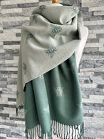 Load image into Gallery viewer, lusciousscarves Reversible Sage Green and Grey Bees Scarf / Wrap Cashmere Blend
