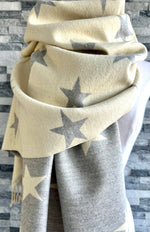 Load image into Gallery viewer, lusciousscarves Reversible Vanilla Cream and Pale Grey Stars Scarf/Shawl Cashmere Blend
