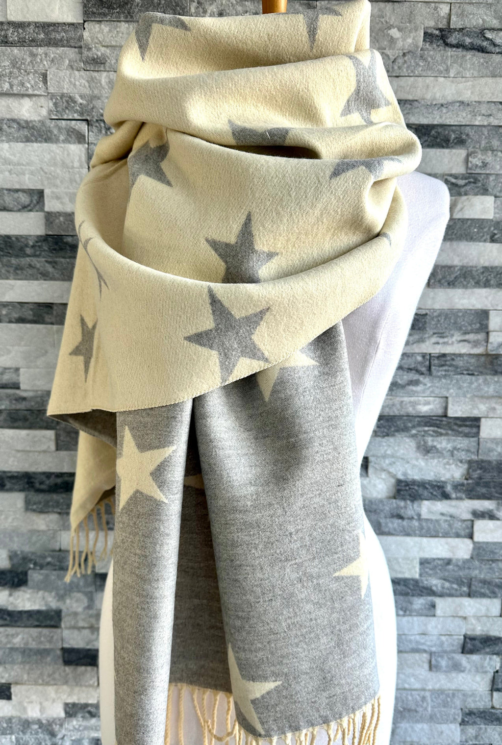 lusciousscarves Reversible Vanilla Cream and Pale Grey Stars Scarf/Shawl Cashmere Blend