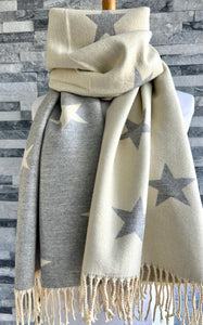 lusciousscarves Reversible Vanilla Cream and Pale Grey Stars Scarf/Shawl Cashmere Blend