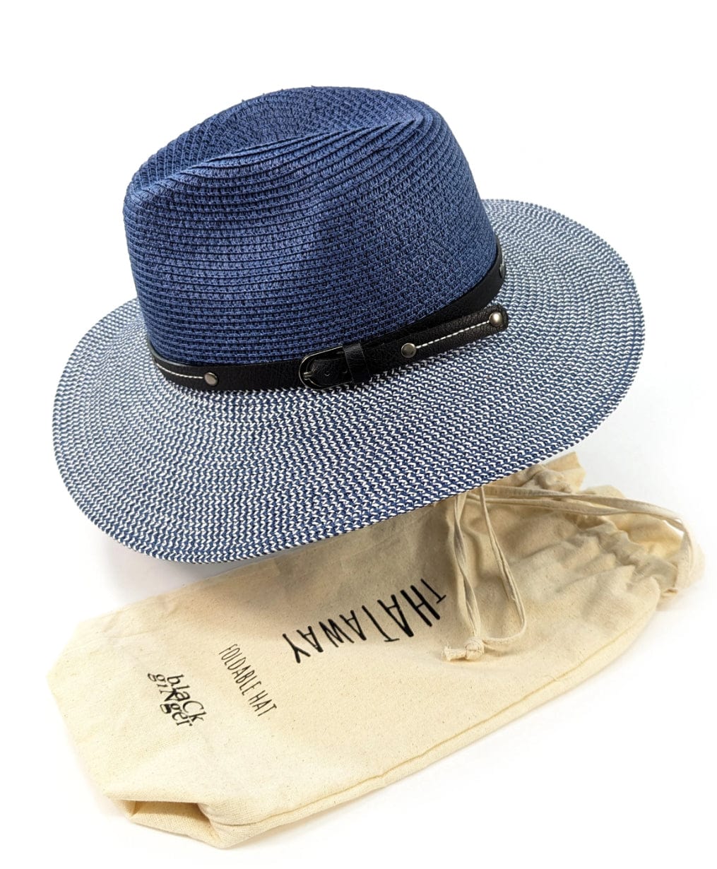 lusciousscarves Rollable Packable Panama Travel Sun Hat with Belt Design - Mottled/Navy Blue