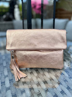 Load image into Gallery viewer, lusciousscarves Rose Gold Metallic Italian Leather Fold over Clutch Bag
