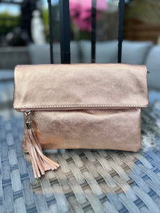 lusciousscarves Rose Gold Metallic Italian Leather Fold over Clutch Bag