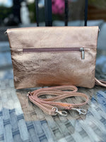Load image into Gallery viewer, lusciousscarves Rose Gold Metallic Italian Leather Fold over Clutch Bag
