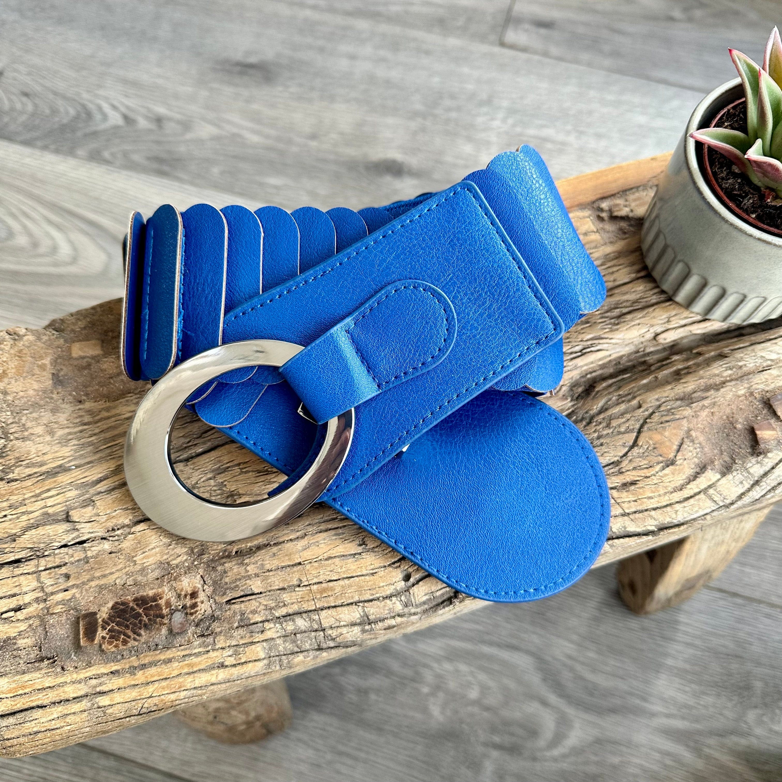 lusciousscarves Royal Blue Ladies Faux Leather Stretchy Waist Belt with Chrome Loop and Hook.