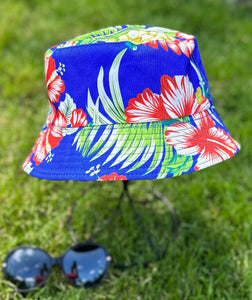 lusciousscarves Royal Blue Reversible Bucket Hat with Tropical Flowers Design