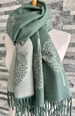 Load image into Gallery viewer, lusciousscarves Sage Green and Grey Reversible Mulberry Tree Scarf / Wrap, Cashmere blend
