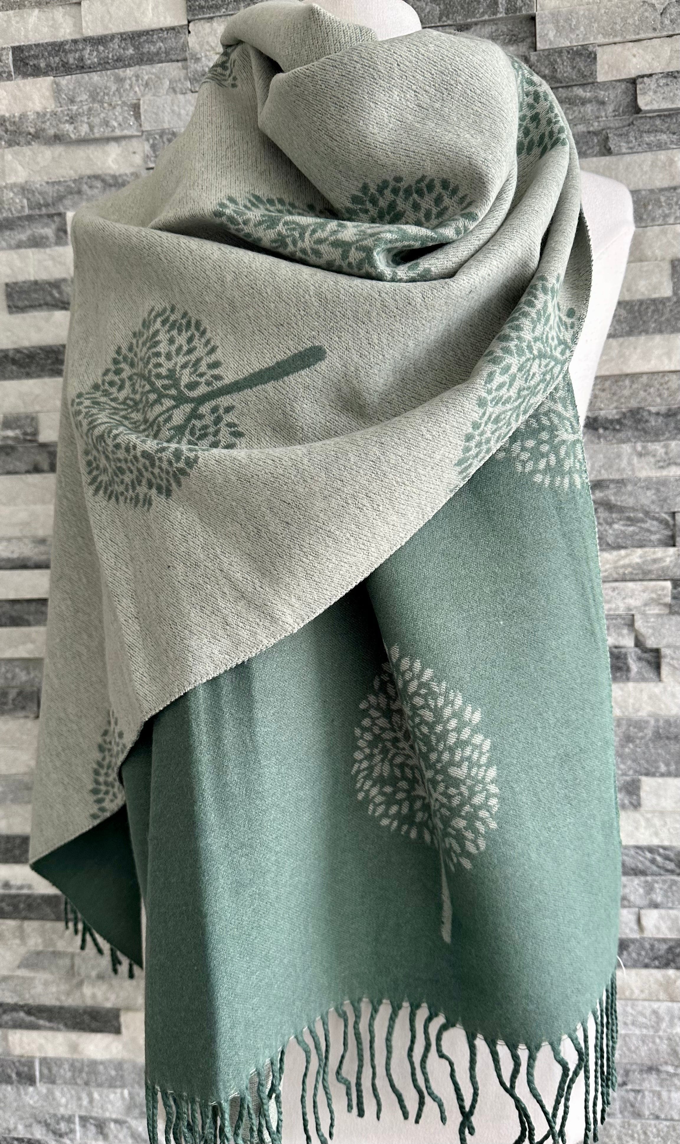 lusciousscarves Sage Green and Grey Reversible Mulberry Tree Scarf / Wrap, Cashmere blend