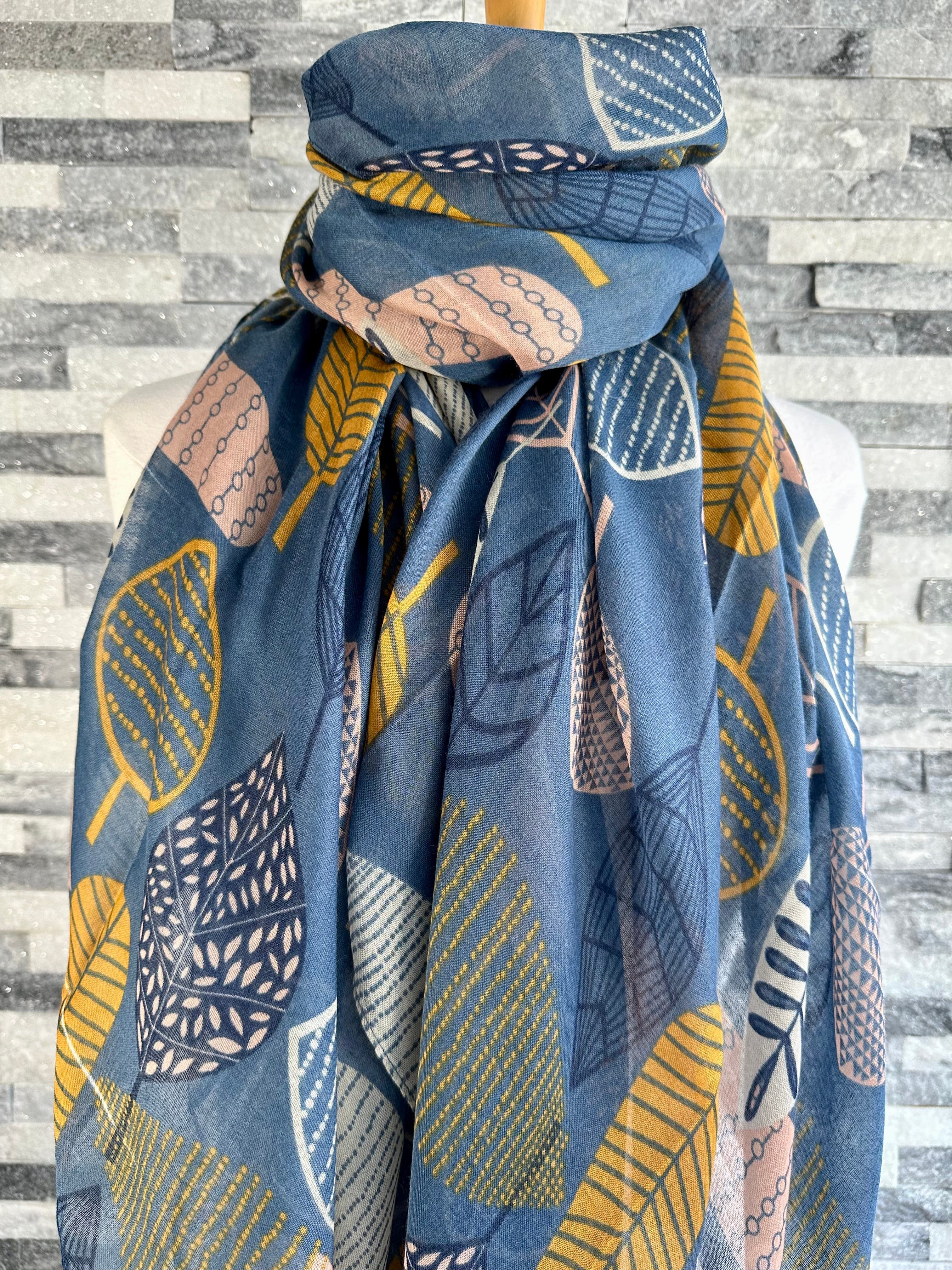 lusciousscarves Scarf Blue Scarf with Pink and Mustard Patterned Leaves.
