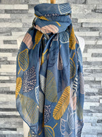 Load image into Gallery viewer, lusciousscarves Scarf Blue Scarf with Pink and Mustard Patterned Leaves.
