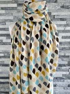 lusciousscarves Scarf Cream Scarf with Mustard, Grey, Brown and Blue Scallop Shapes.