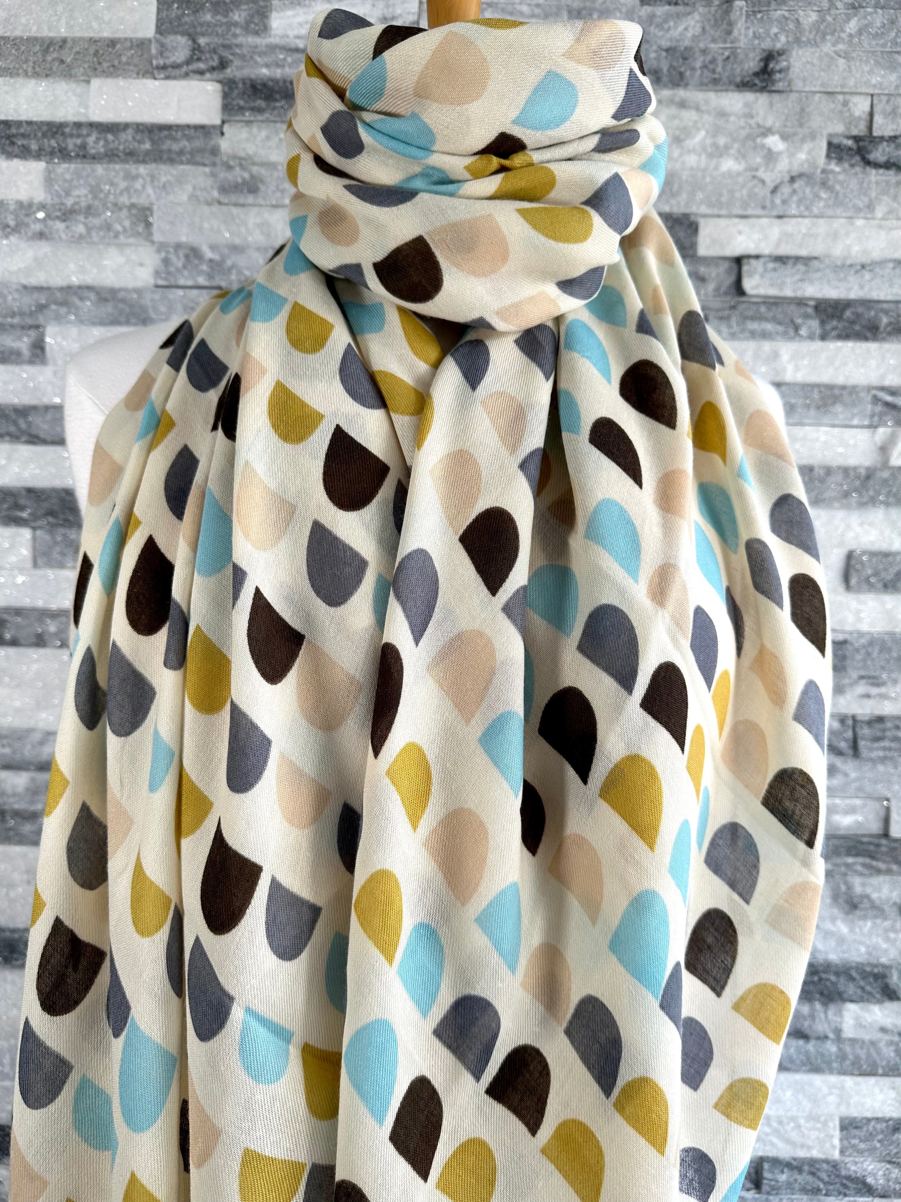lusciousscarves Scarf Cream Scarf with Mustard, Grey, Brown and Blue Scallop Shapes.