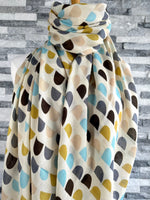 Load image into Gallery viewer, lusciousscarves Scarf Cream Scarf with Mustard, Grey, Brown and Blue Scallop Shapes.
