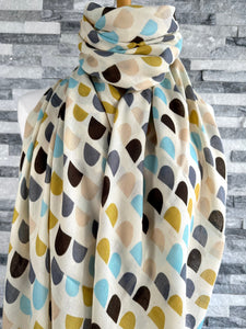 lusciousscarves Scarf Cream Scarf with Mustard, Grey, Brown and Blue Scallop Shapes.