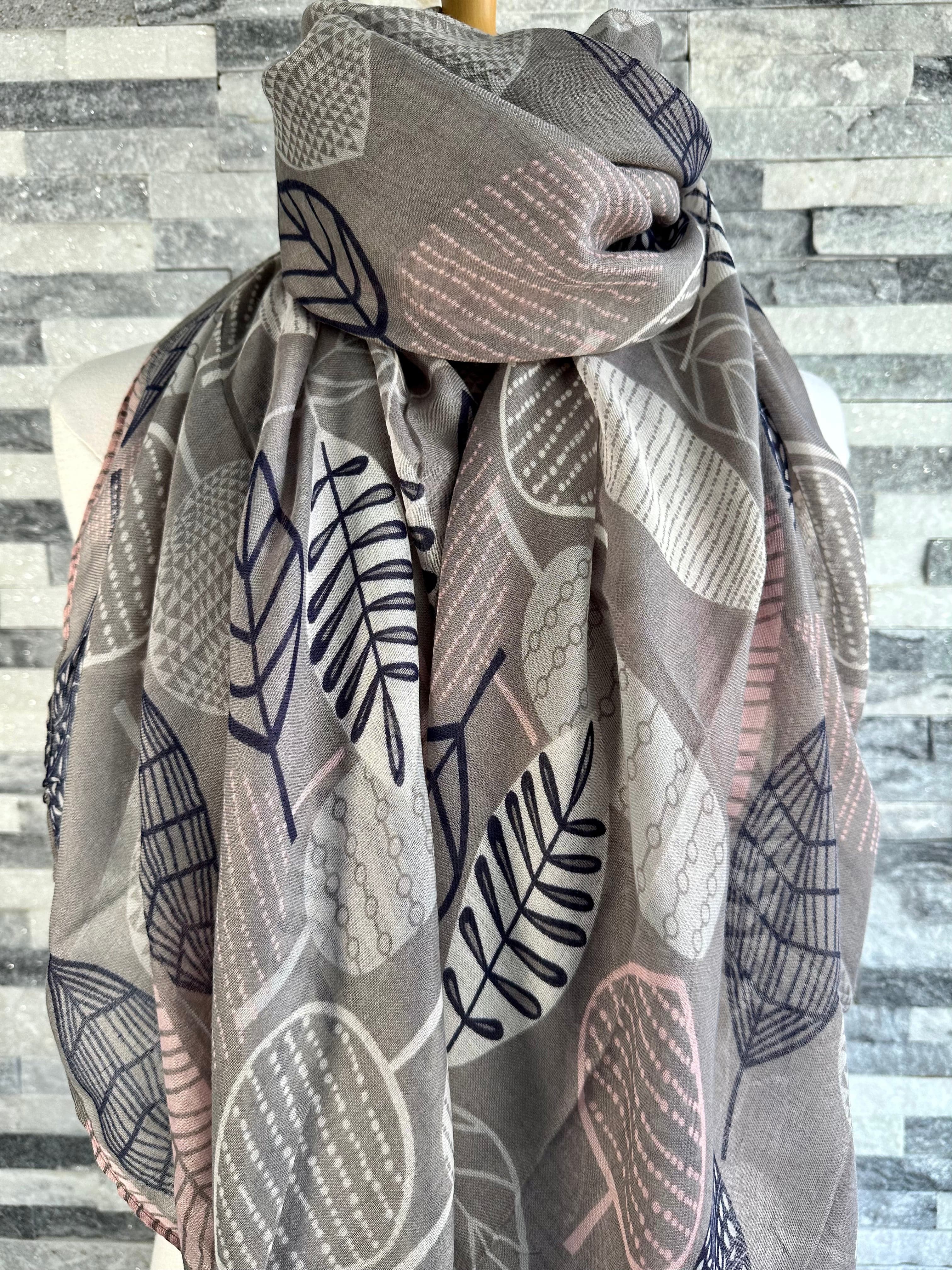 lusciousscarves Scarf Grey Scarf with Navy, Pink and Cream Patterned Leaves.