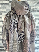 Load image into Gallery viewer, lusciousscarves Scarf Grey Scarf with Navy, Pink and Cream Patterned Leaves.
