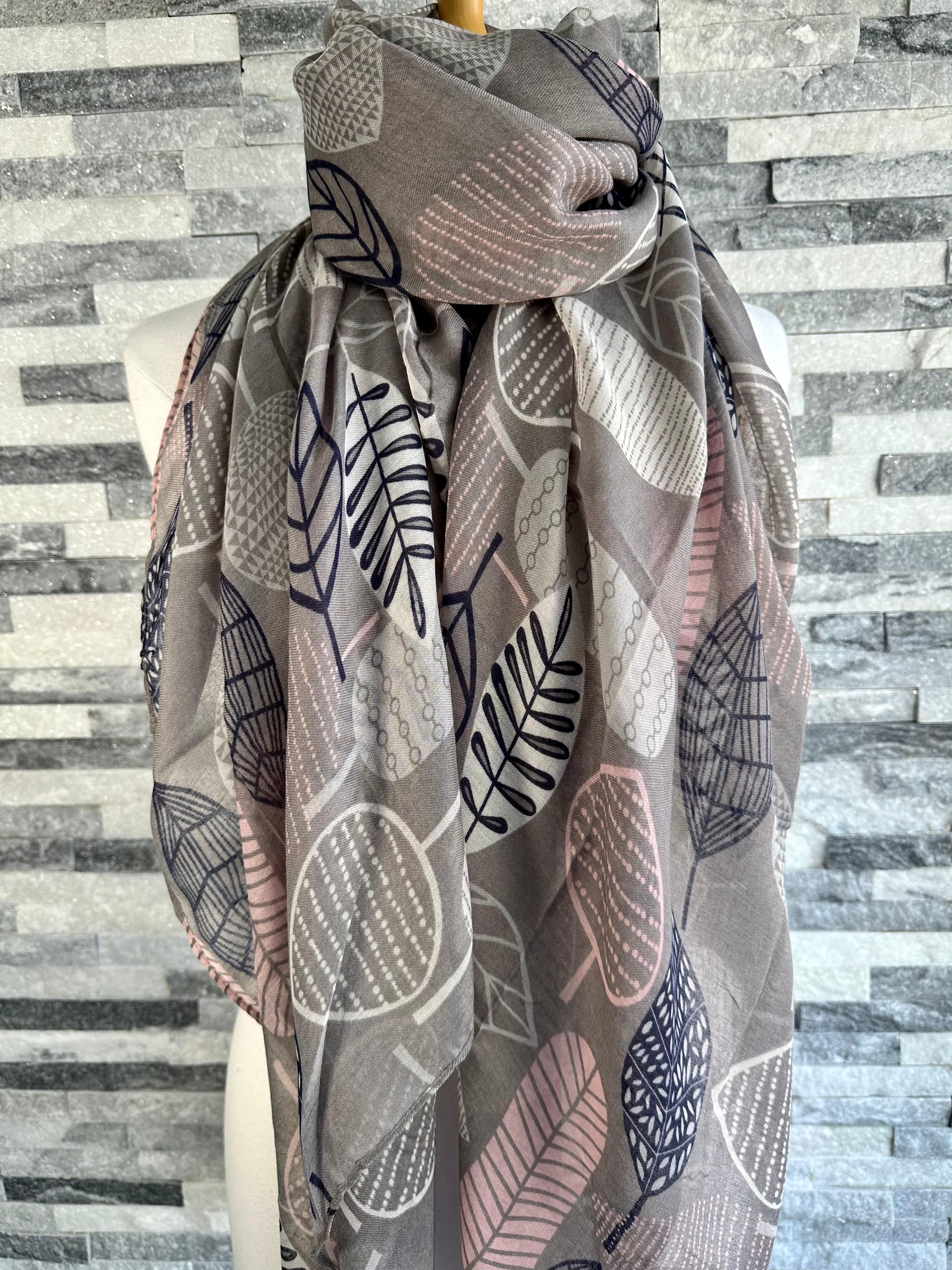 lusciousscarves Scarf Grey Scarf with Navy, Pink and Cream Patterned Leaves.