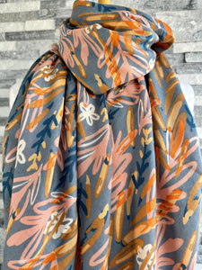 lusciousscarves Scarf Grey Scarf with Pale Pink. Tan, and Blue Water Coloured Leaves.