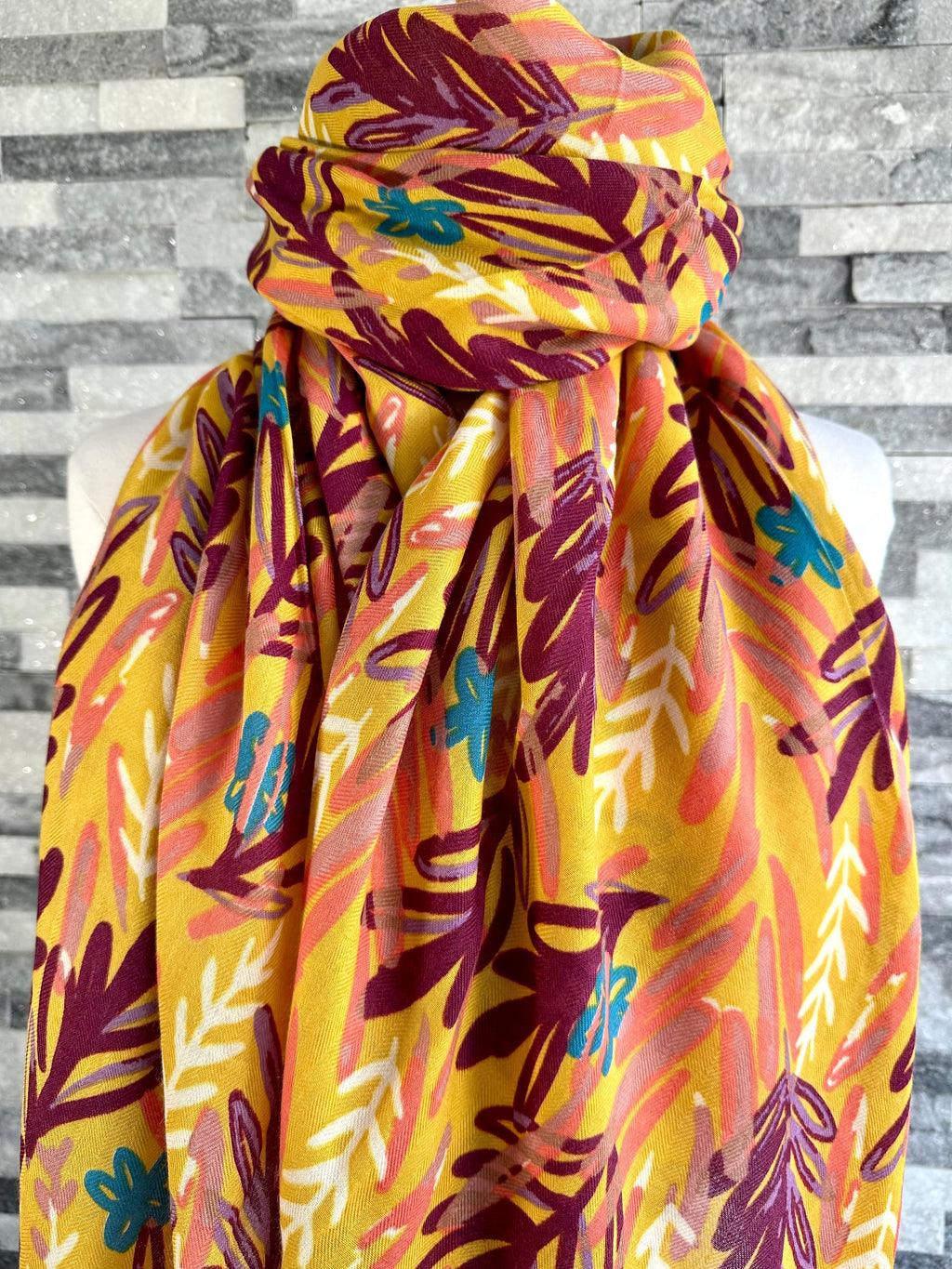 lusciousscarves Scarf Mustard Scarf with Water coloured Vibrant Leaves.