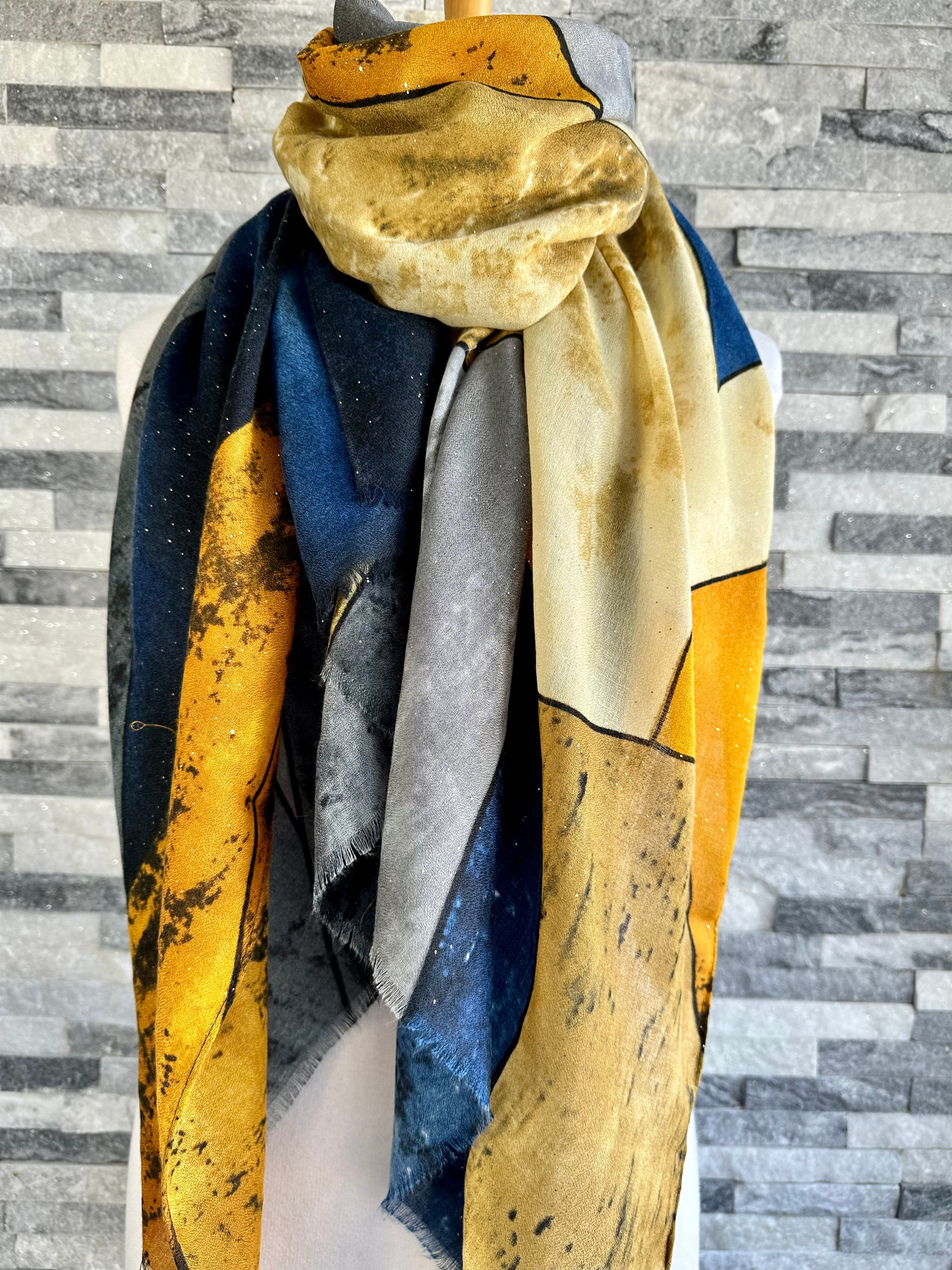 lusciousscarves Scarf Navy, Grey and Mustard Gold Glitter Scarf.