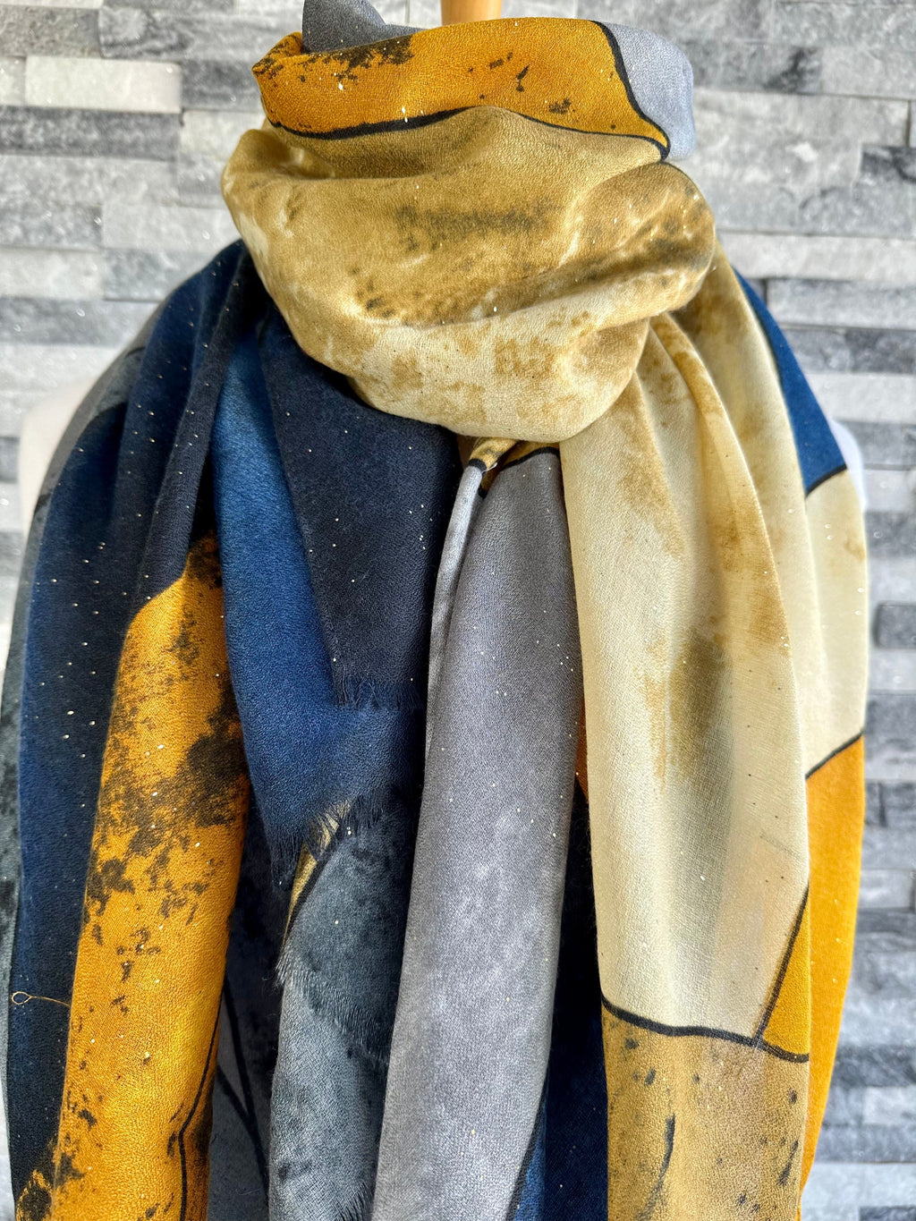 lusciousscarves Scarf Navy, Grey and Mustard Gold Glitter Scarf.