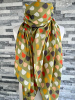 Load image into Gallery viewer, lusciousscarves Scarf Pale Green Scarf with Orange, Grey and Mustard Scallop Shapes.
