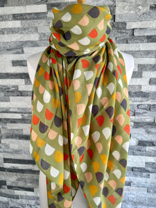 lusciousscarves Scarf Pale Green Scarf with Orange, Grey and Mustard Scallop Shapes.