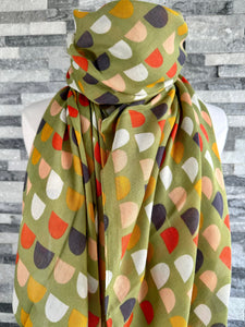 lusciousscarves Scarf Pale Green Scarf with Orange, Grey and Mustard Scallop Shapes.