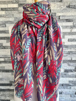 Load image into Gallery viewer, lusciousscarves Scarf Purple Scarf with Aqua, Beige and Red Water Coloured Leaves.
