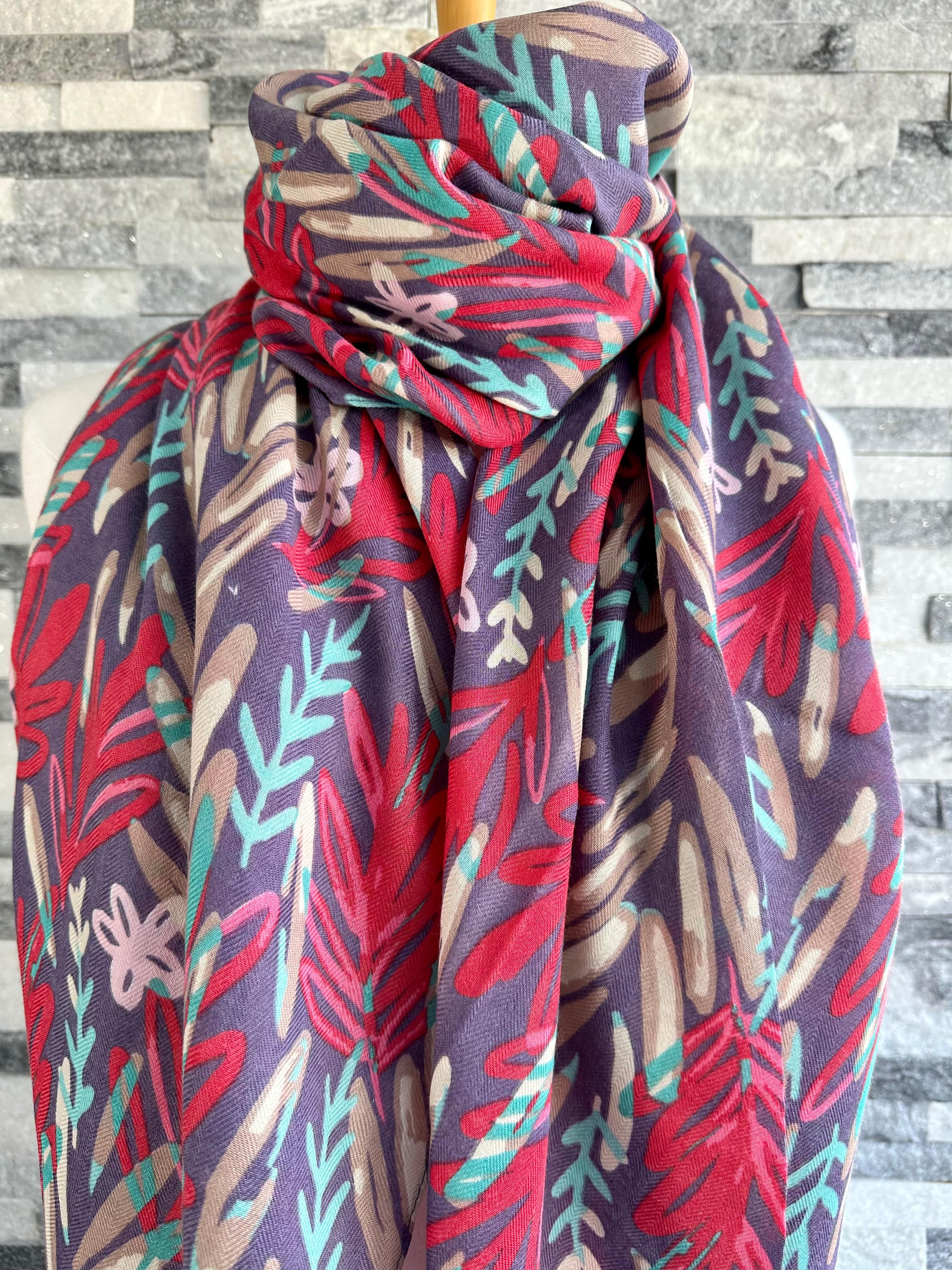 lusciousscarves Scarf Purple Scarf with Aqua, Beige and Red Water Coloured Leaves.