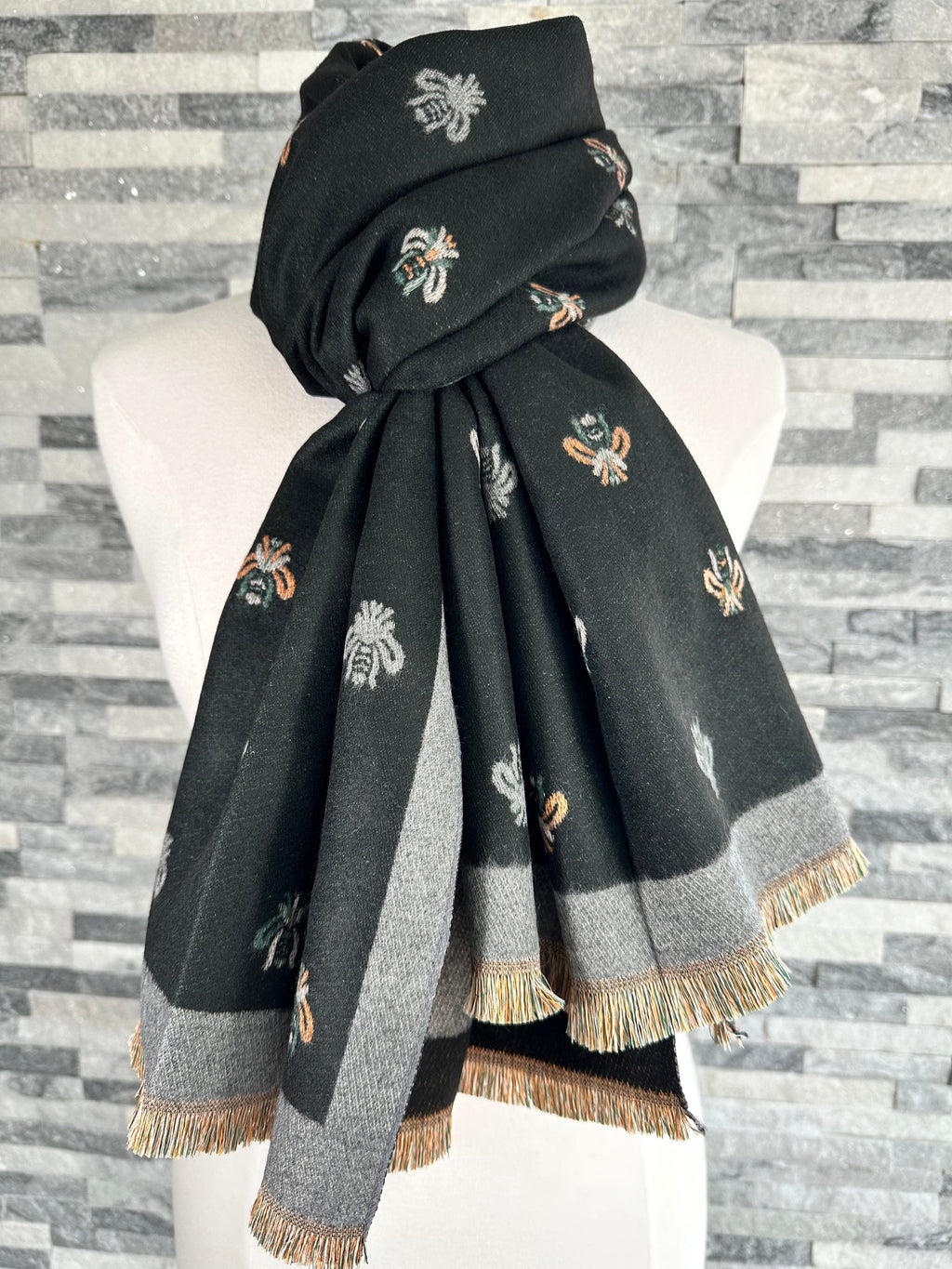 lusciousscarves Scarves Black and Grey Reversible Bee Scarf.
